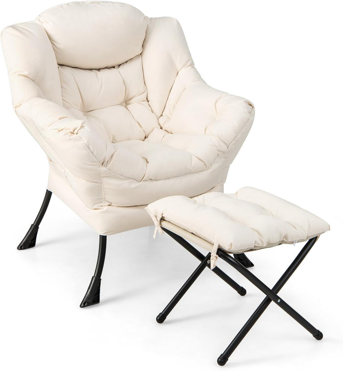 GIANTEX Lazy Chair with Ottoman, Accent Sofa Chair with Folding Footrest, Side Storage Pocket, Upholstered Leisure Lounge Armchair with Stool for Bedroom, Living Room, Office, Beige