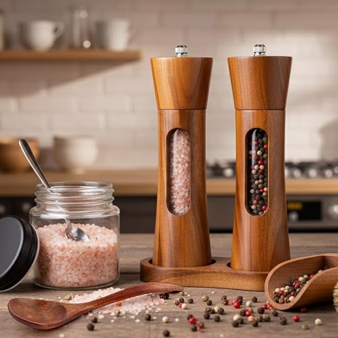 2Pack Wooden Salt and Pepper Grinder Set, 8-Inch Refillable Manual Salt and - Image 5