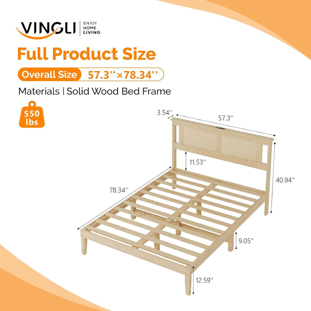 VINGLI Rattan Full Bed Frame with Rattan Headboard,Boho Platform Bed with Cha...