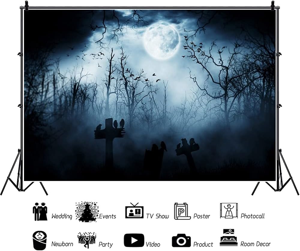 Leyiyi 10x7ft Gothic Happy Halloween Backdrop Grunge Misty Graveyard Grave St...