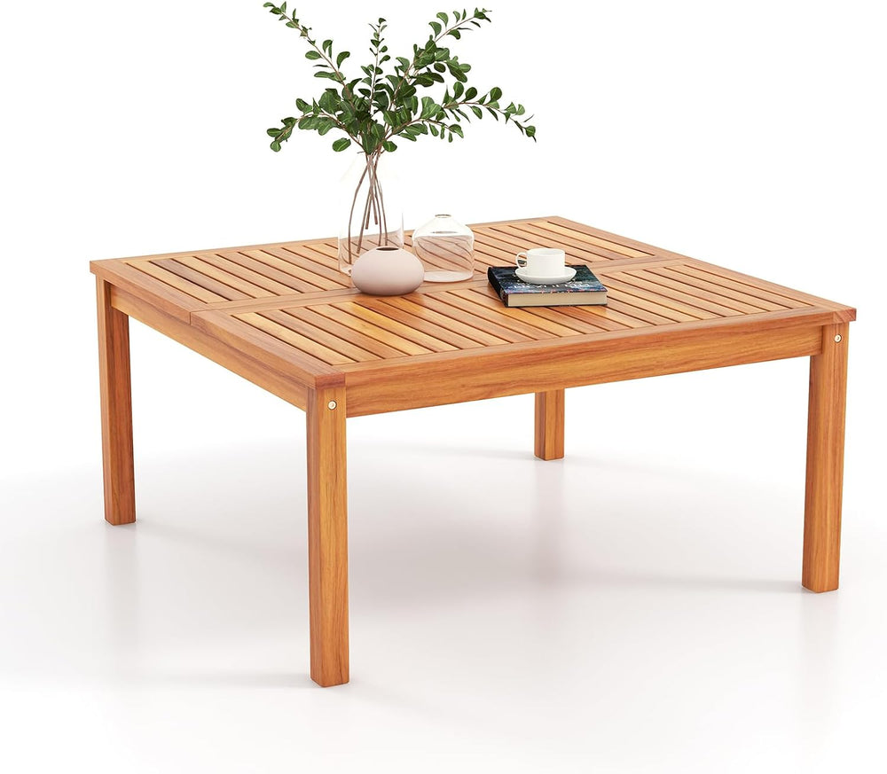 Outdoor Coffee Table, Acacia Wood Side Table With Slatted Tabletop, Square Pa...