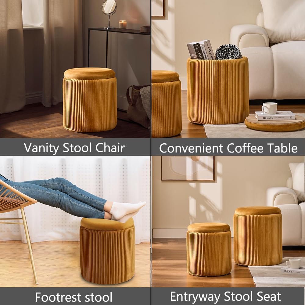 BLEXA Set of 2 Round Storage Ottoman, Yellow Velvet Ottoman with Storage