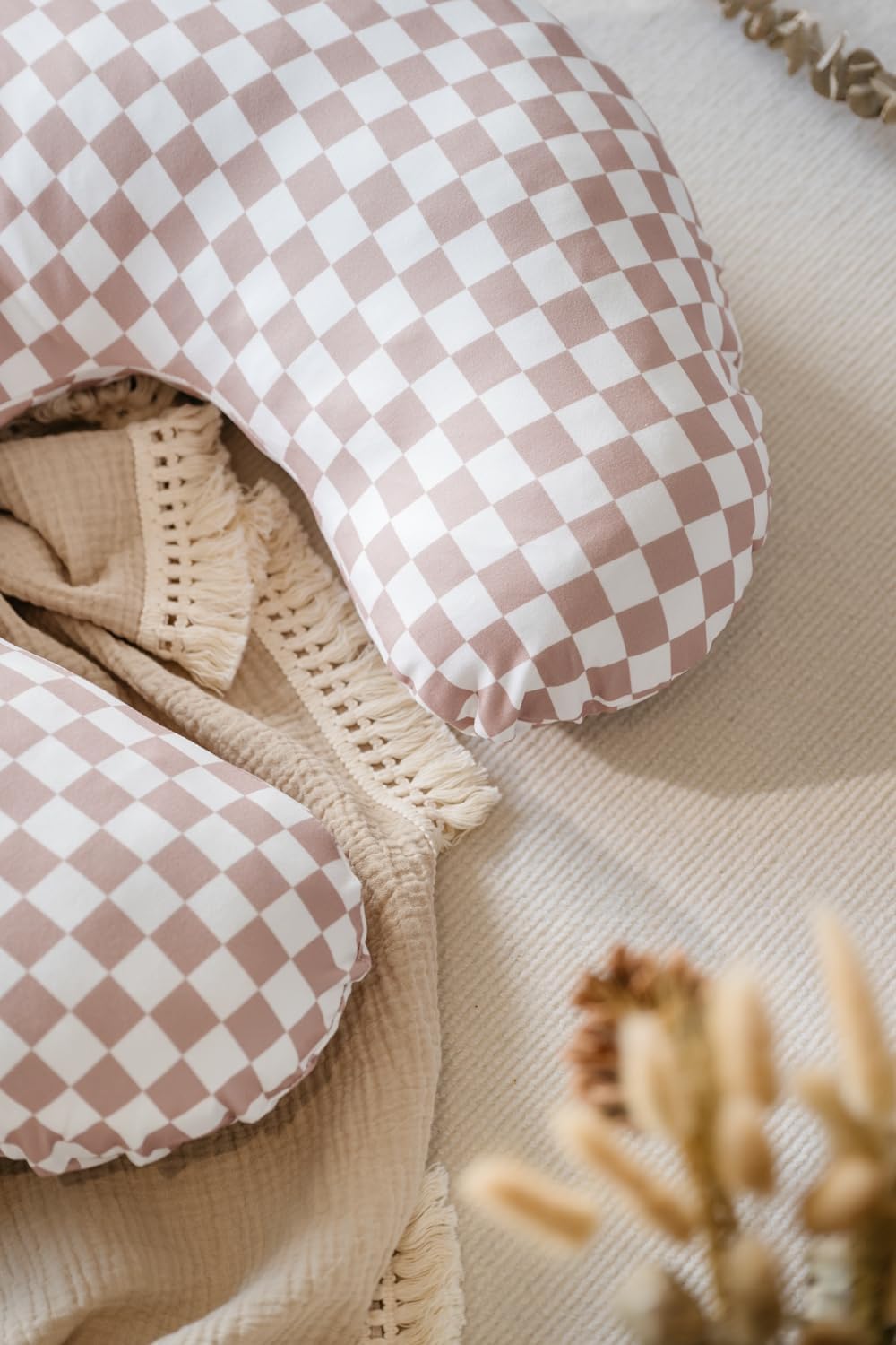 Little Jump Nursing Pillow Cover, Coffee & Green Checkered, 2 Pack | Stretchy and Soft, For Breastfeeding Pillows, Comfortable Slipcover, For Baby Boy and Girls