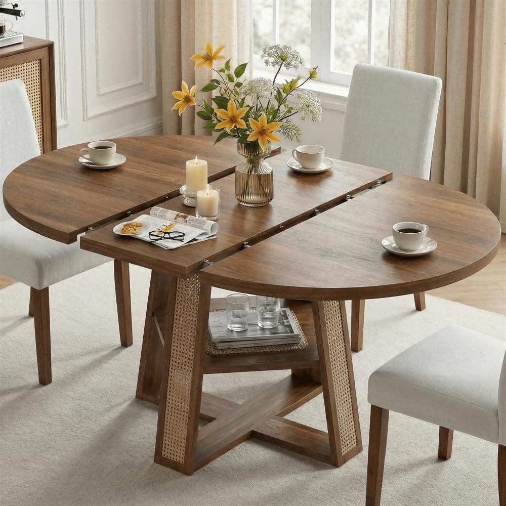 LIKIMIO Dining Table, 43"-59" Extendable Round to Oval with Storage...