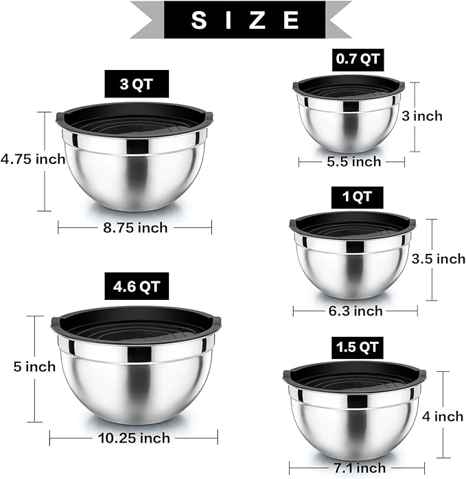P&P CHEF Mixing Bowls with Airtight Lids Set of 5, 10-Piece Stainless Steel - Image 4