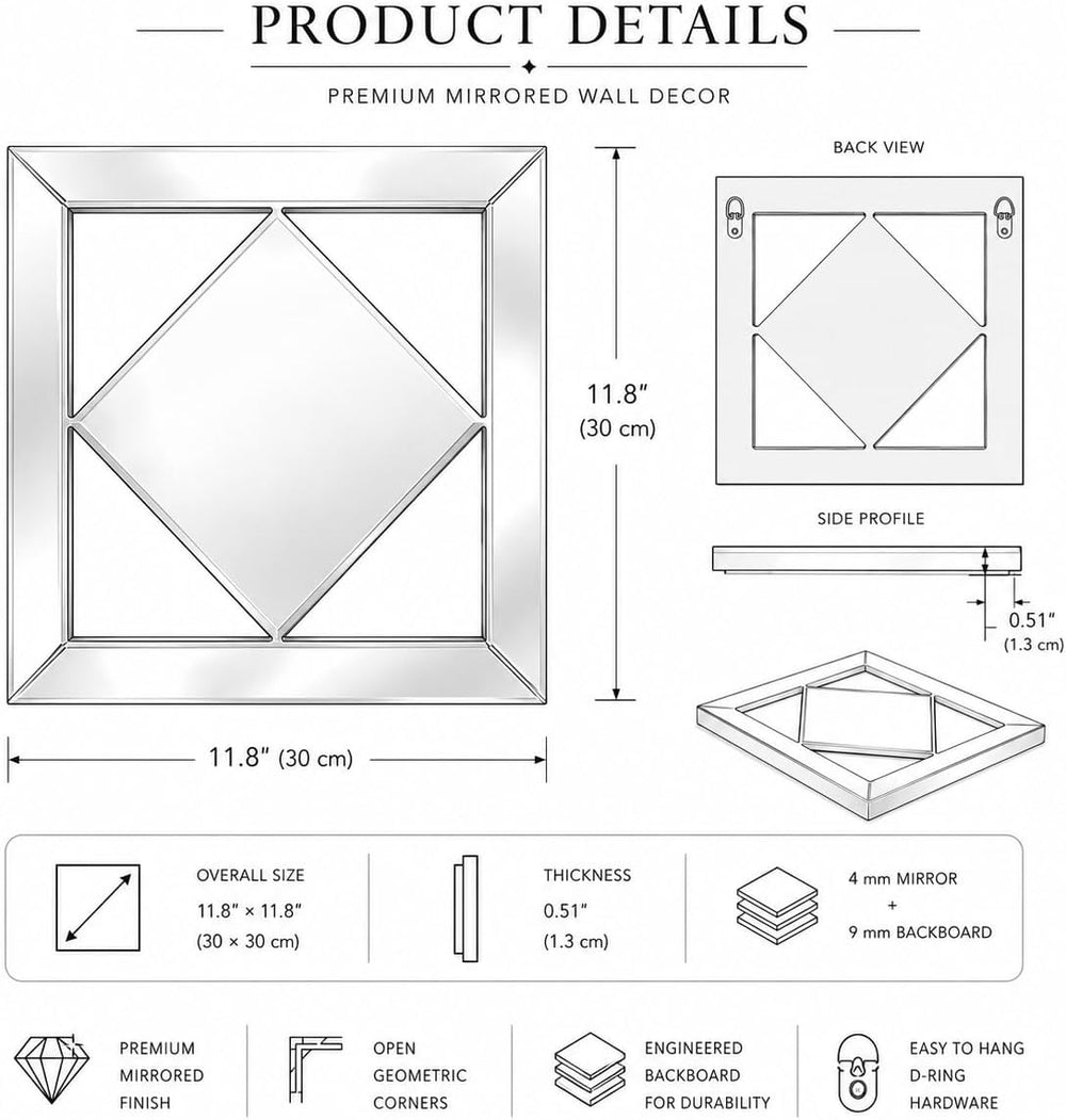 Square Decorative Wall Mirror 12 x 12 Inch, Silver Frameless Mirror Wall Deco...