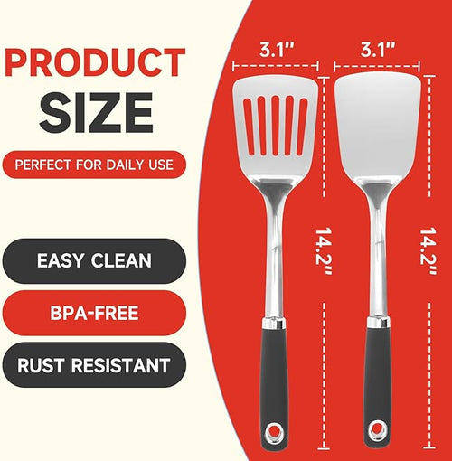 2 Pcs Stainless Steel Spatulas Set, 14.9 Silver Slotted Turner, Solid Turner - Image 2