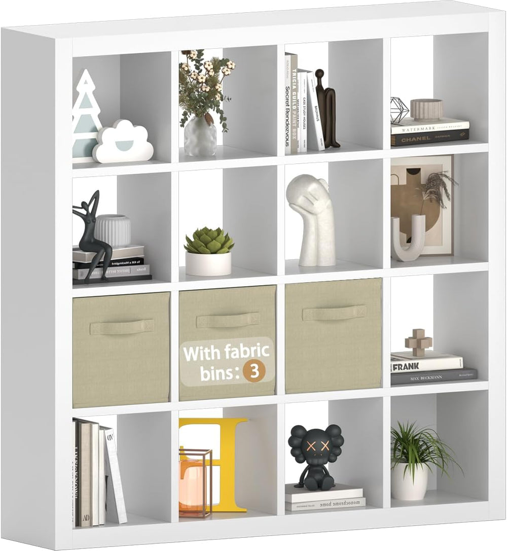 furtble Bookshelf with Storage Bins, 16-Cube Storage Organizer with Back Pane...