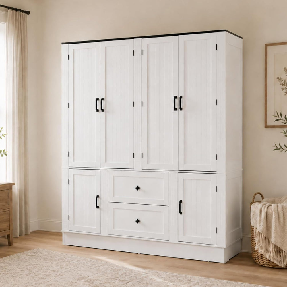 63"W White 6-Door Armoire Wardrobe Closet, 2 Drawers, LED Lights
