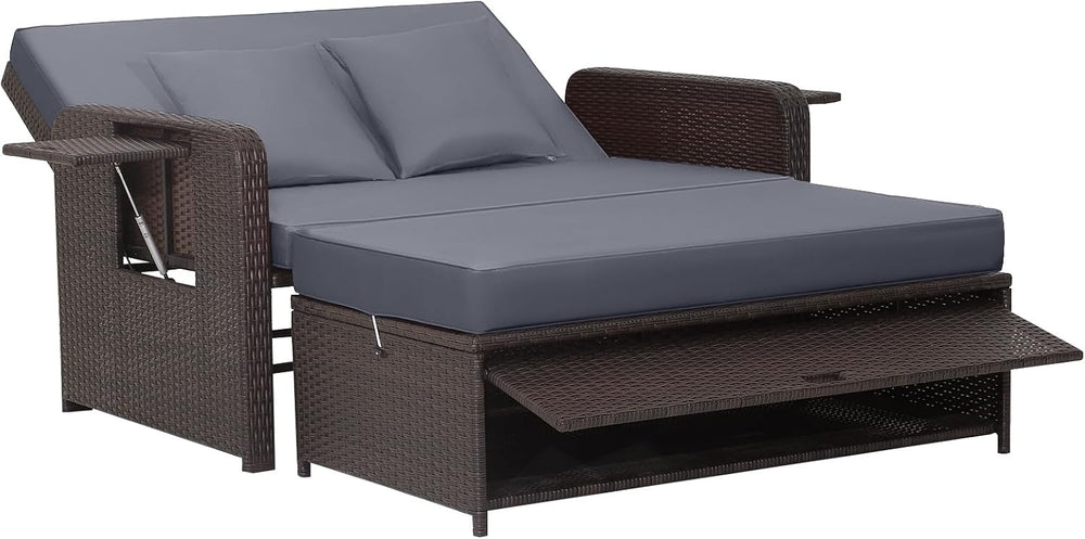 COSTWAY Patio Rattan Daybed with Cushions, Outdoor Wicker Loveseat Sofa