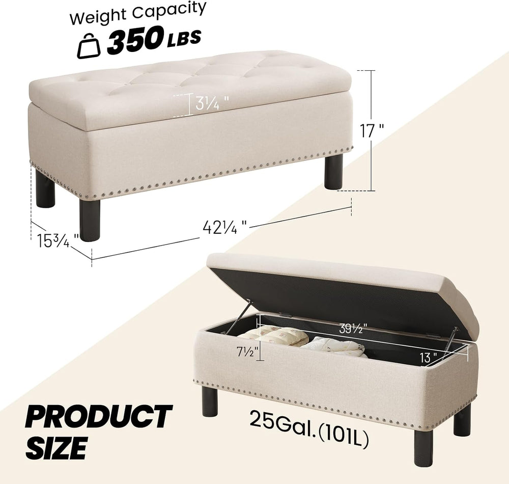 Furniliving Large Storage Ottoman, Beige, Wood Frame, Linen Fabric, 285 Lbs C...