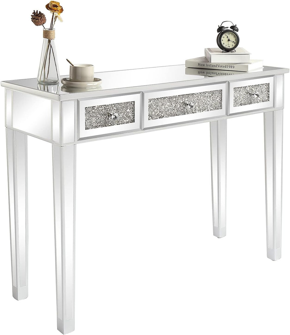VINGLI Silver Mirrored Vanity Desk, Makeup Vanity Desk, Glass Desk with 3 Dra...