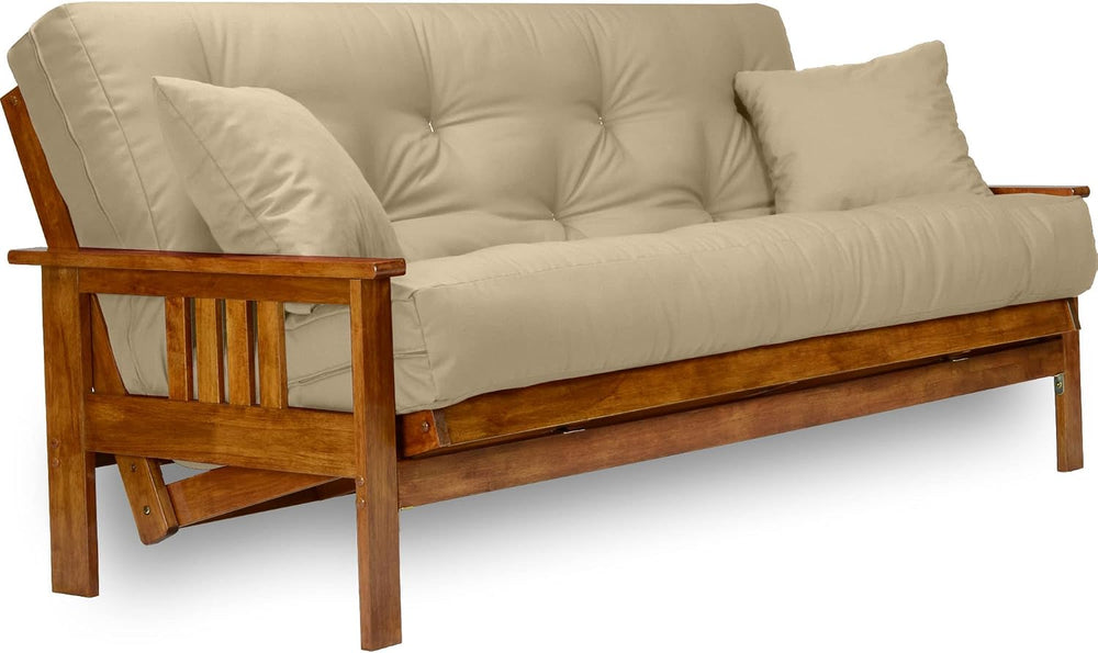 Stanford Futon Set - Queen Size, Frame, 8" Mattress, Twill Khaki Tan Cover
