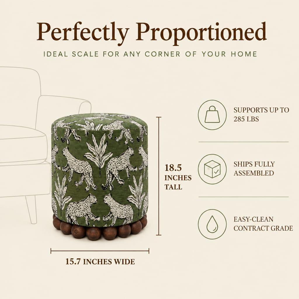 tov furniture dex small round ottoman, leopard jacquard shown in use