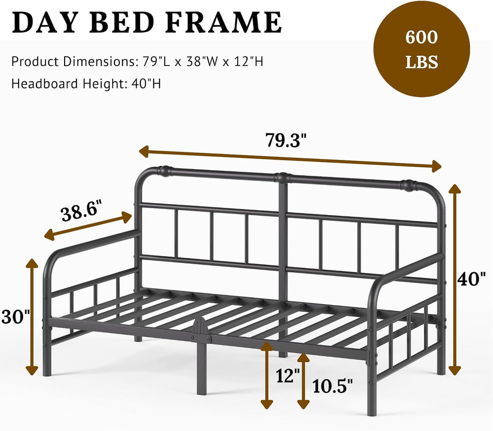 Twin Metal Daybed Frame with Headboard, 12 Inch Sofa Bed for Living Room, Hea...