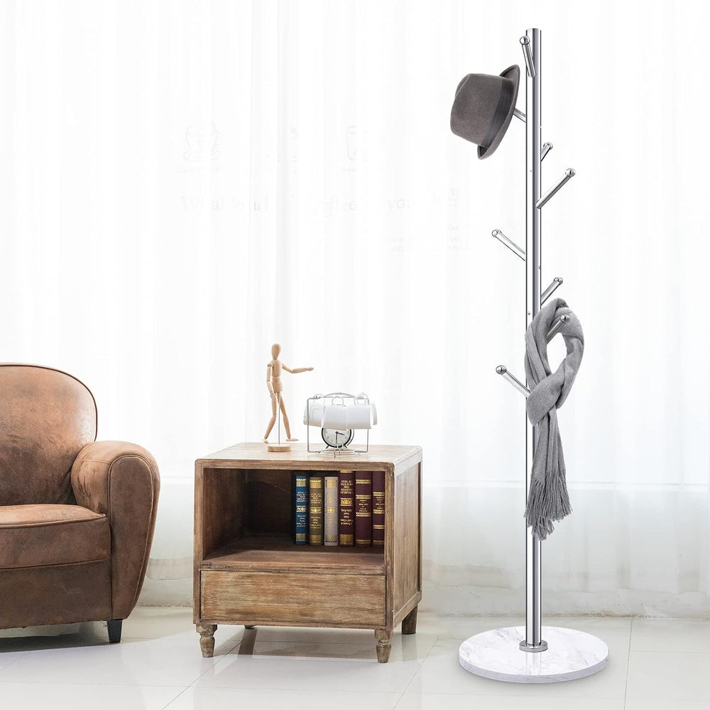 Homde Metal Coat Rack Stand: Natural Marble Base with 8 Hooks (Silver) | Stai...