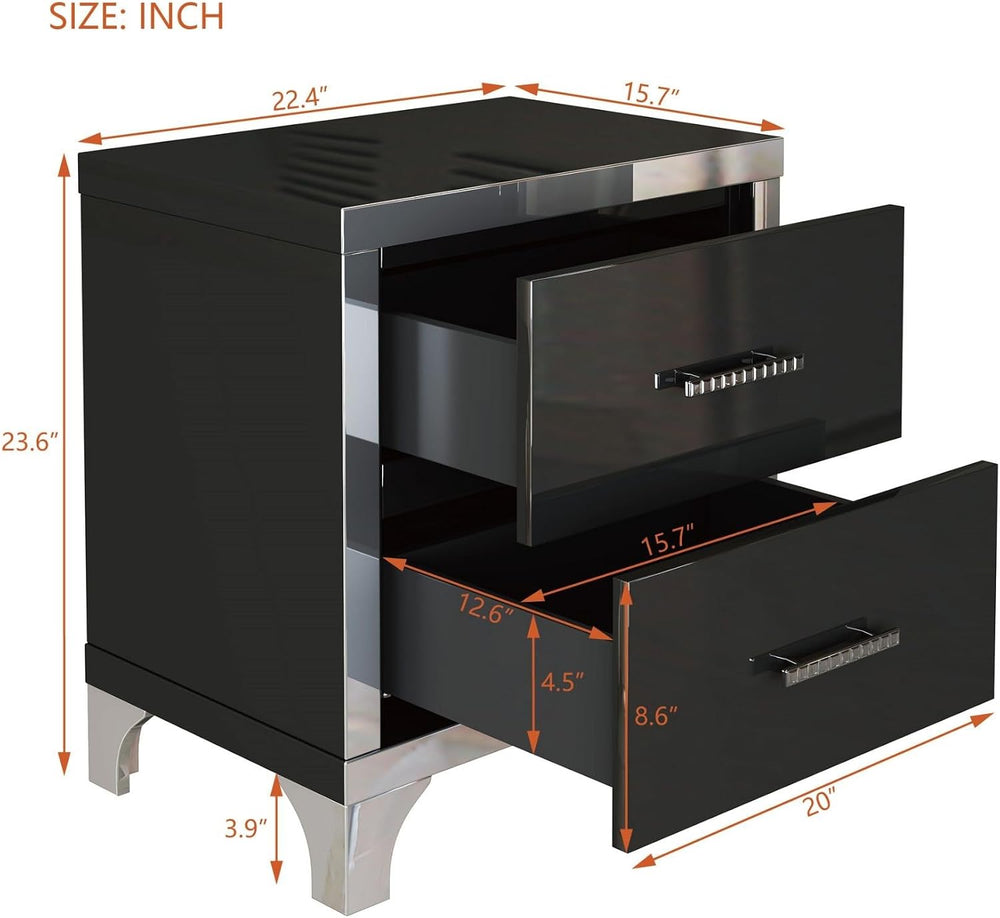 Merax Night Stand with 2 Drawers, Mirrored High Gloss Wood Nightstand Metal H...