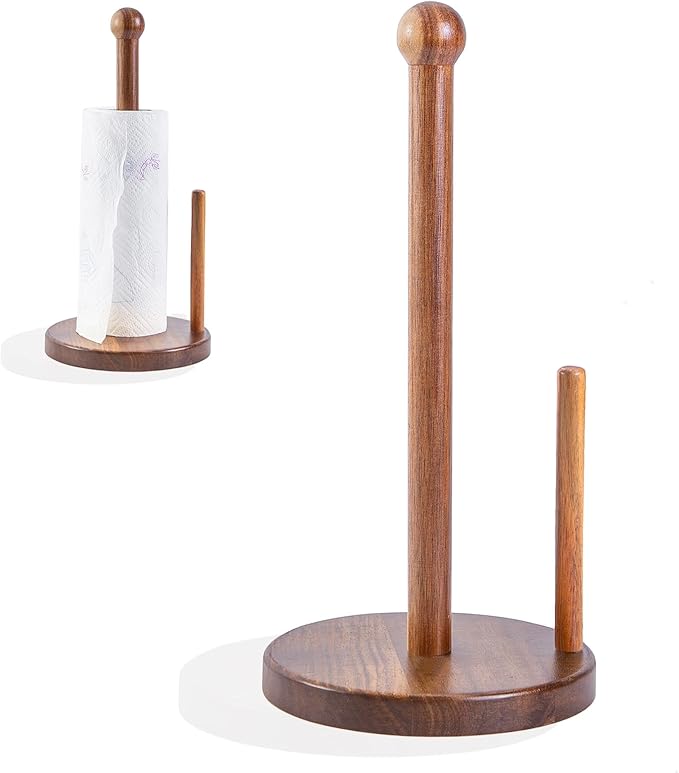 14" Acacia Wooden Paper Towel Holder, 6.7" Large Heavy Base Wooden Kitchen by MediterraneanFoodExperience