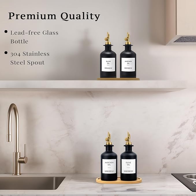 Olive Oil Dispenser Set, 2 x 11.8oz Black Glass Bottles - Image 5