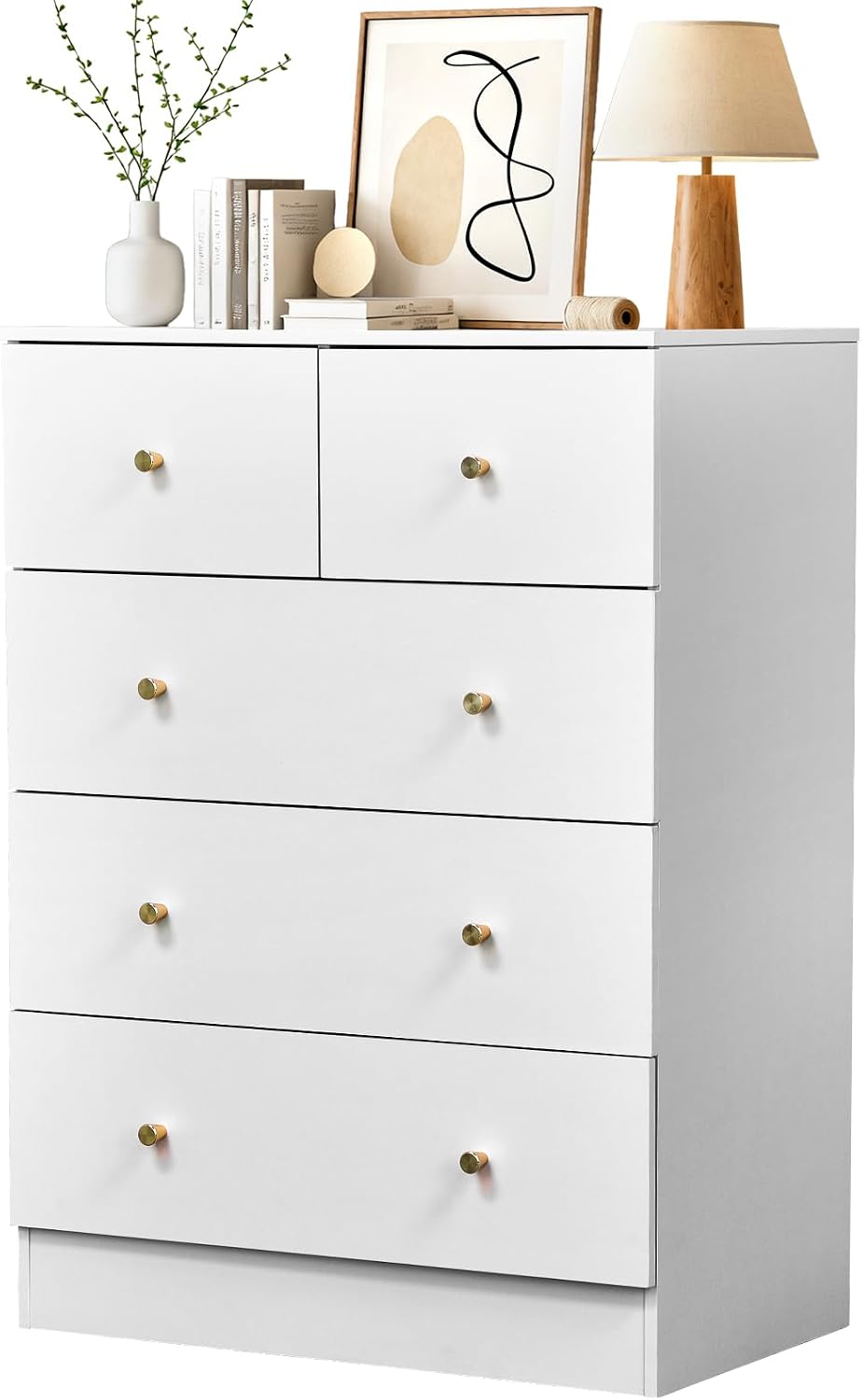Karl home White 5 Drawer Dresser, Rose Gold Handle Modern Bedroom Chest