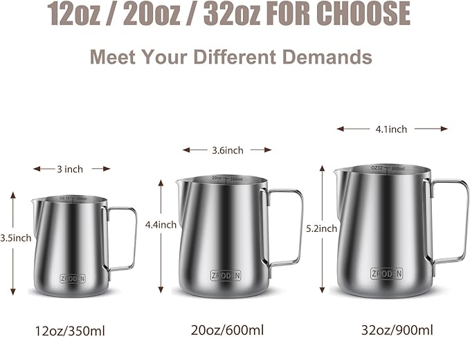 Milk Frothing Pitcher, 12oz 20oz 32oz Espresso Steaming Pitchers Stainless - Image 4