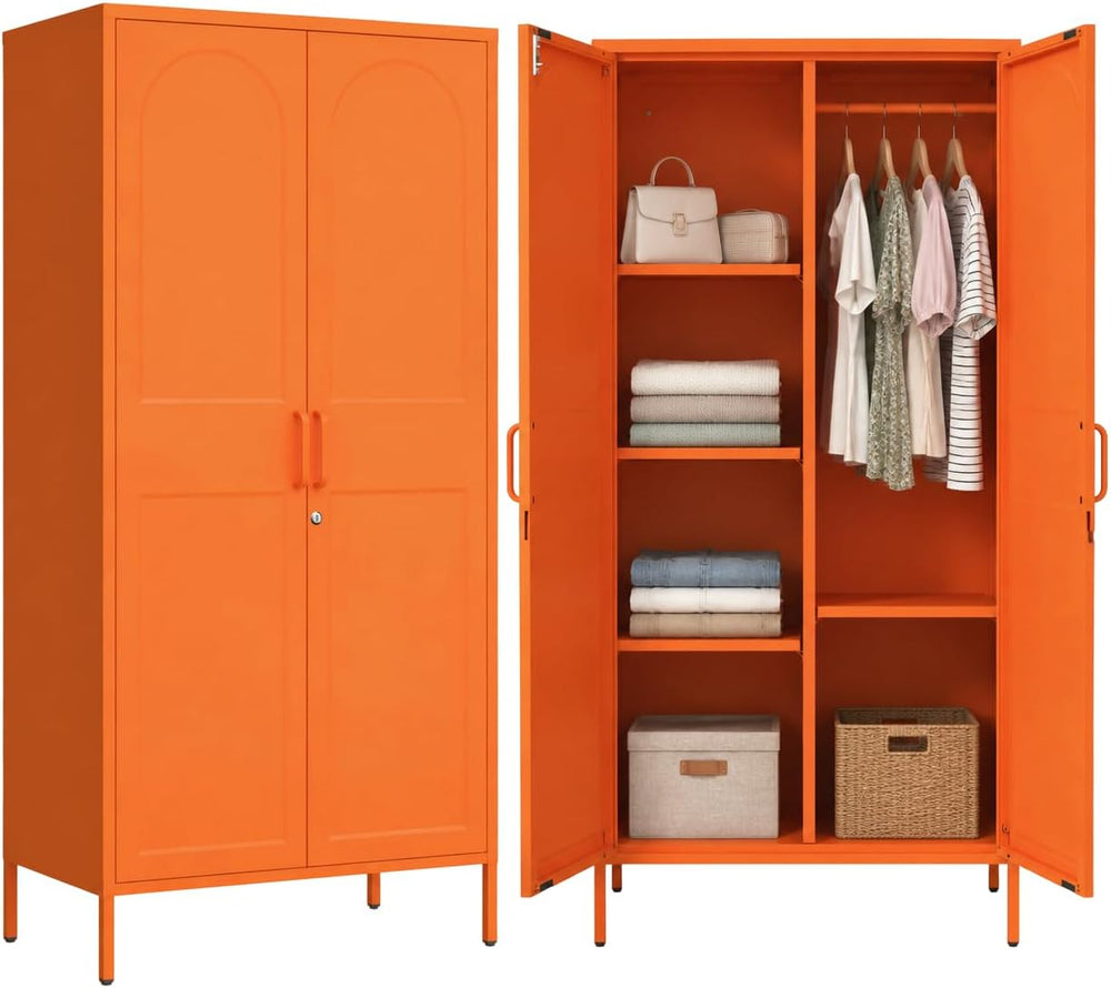 Orange Lockable Armoire Wardrobe Closet Storage Cabinet with Hanging Rod, 67&...