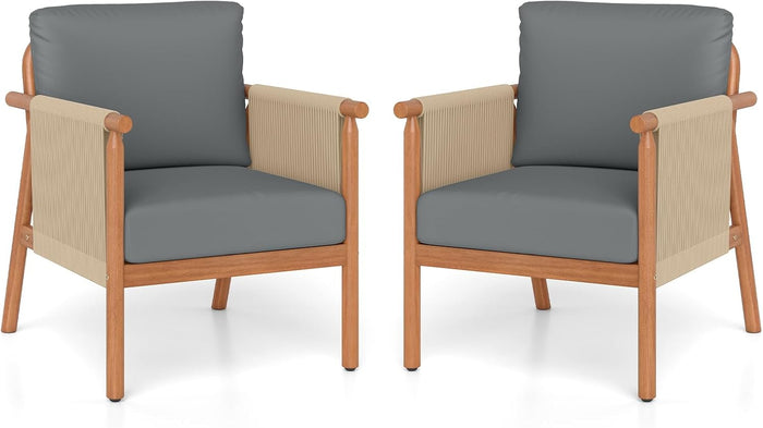 Tangkula Acacia Wood Patio Club Chair Set of 2, Boho Accent Chair with Woven Rope Armrests & Seat Back Cushions, Indoor Outdoor Wooden Leisure Sofa for Backyard, Porch, Balcony, Living Room (Grey)