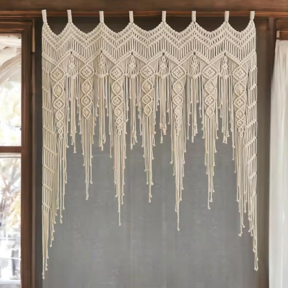 Macrame Valance Curtain for Kichen Windows 41.33 * 53.15Inch Farmhouse Boho C...