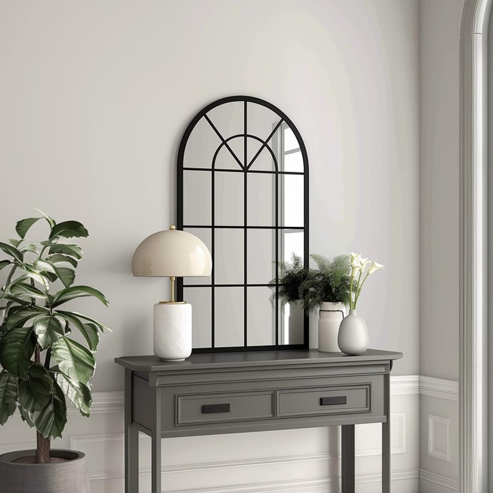 Dewfig Arched Wall Mirror, 42"x24" Metal Frame Windowpane Mirror, B...