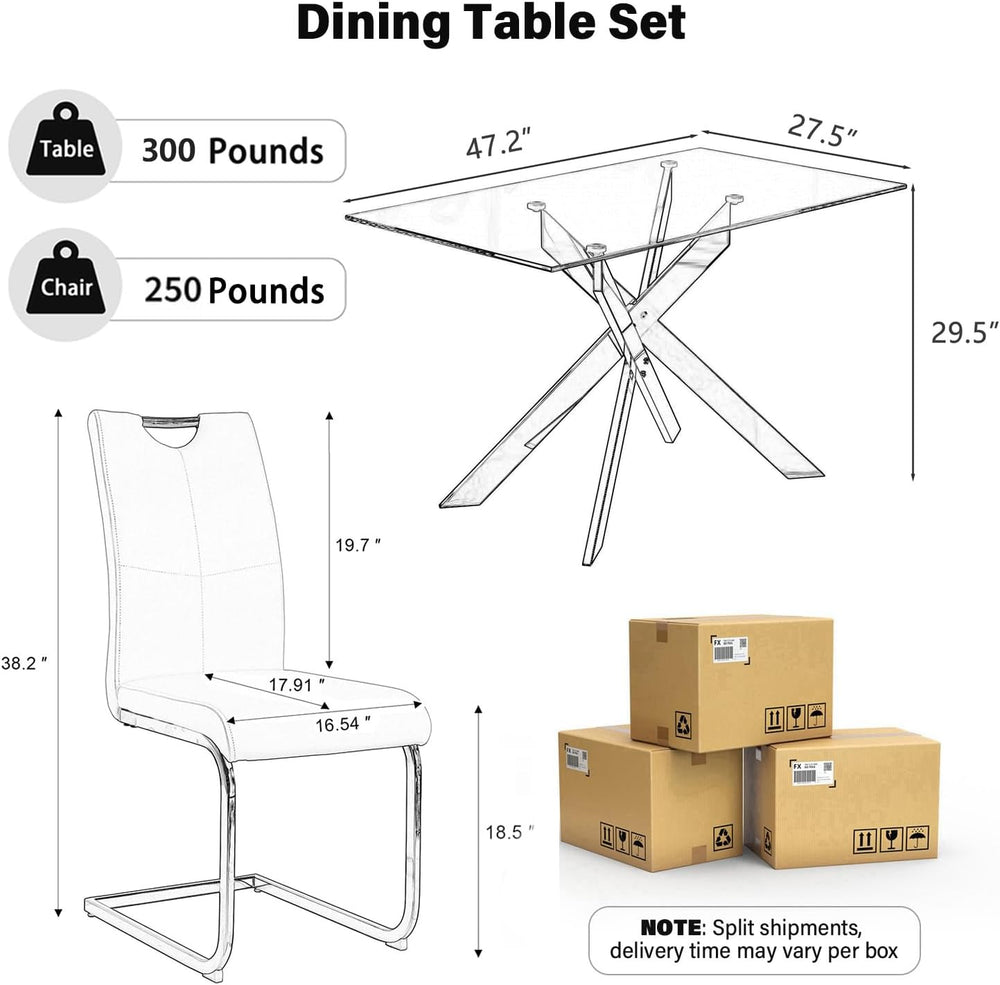 5-Piece Dining Table Set for 4, Modern Rectangular Glass Table with 4 Upholst...