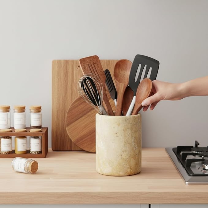 Marble Utensil Holder 6.5 Inch Travertine Utensil Caddy, Wooden Cooking