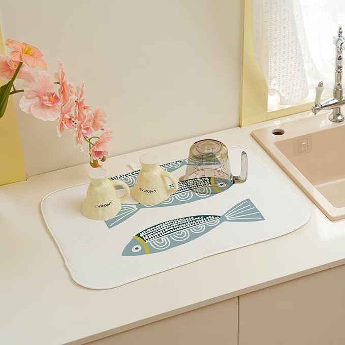 Coastal Dish Drying Mat 18 x 24 inch Beach Blue Fish Print Decorative Drying - Image 6