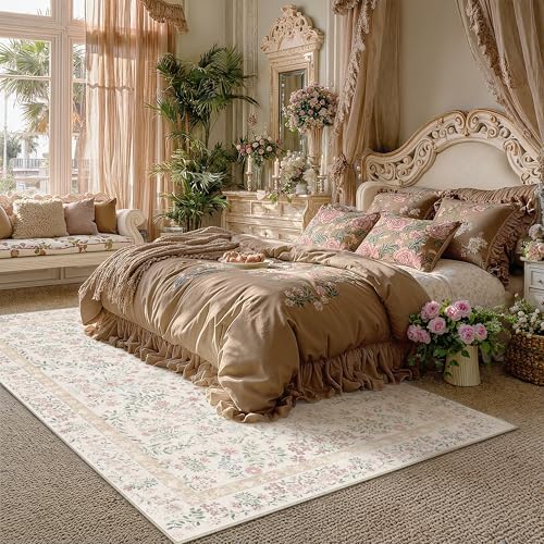 PureCozy 8x10 Pink Floral Area Rug Vintage Farmhouse Style