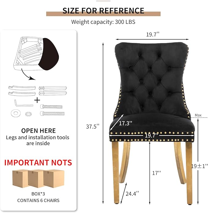 Mid Century Modern Dining Chairs Set of 6, Black Velvet Upholstered Tufted Ba...