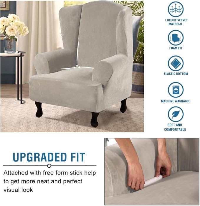 H.VERSAILTEX Wingback Chair Covers Velvet Plush Wing Chair Slipcover 1 Piece - Image 4