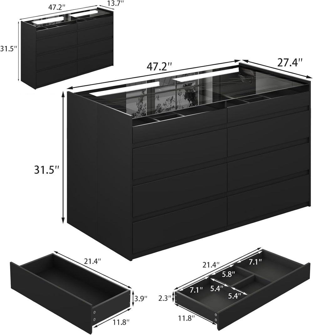 LIVAUVEAD 16 Drawer Closet Island with Glass Top & LED Light, Black