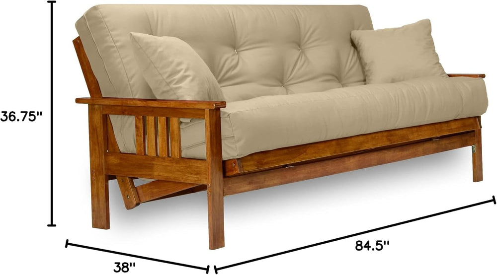Stanford Futon Set - Queen Size, Frame, 8" Mattress, Twill Khaki Tan Cover