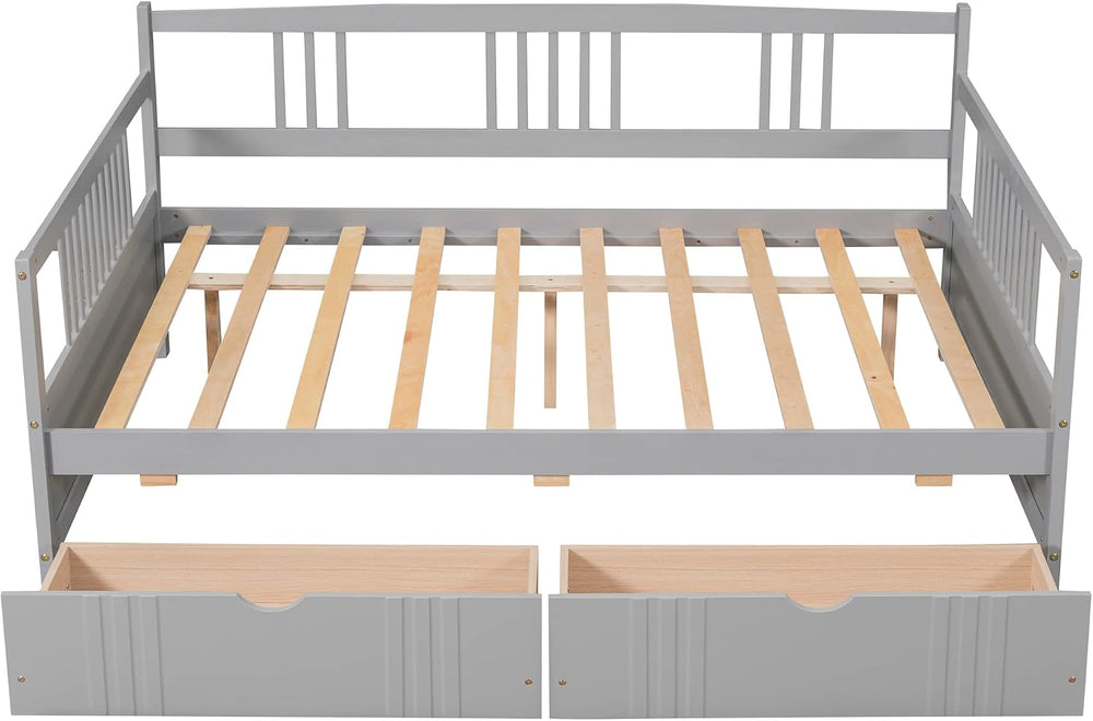 Full Size Wooden Daybed with Two Storage Drawers and 10 Wooden Slats Support,...