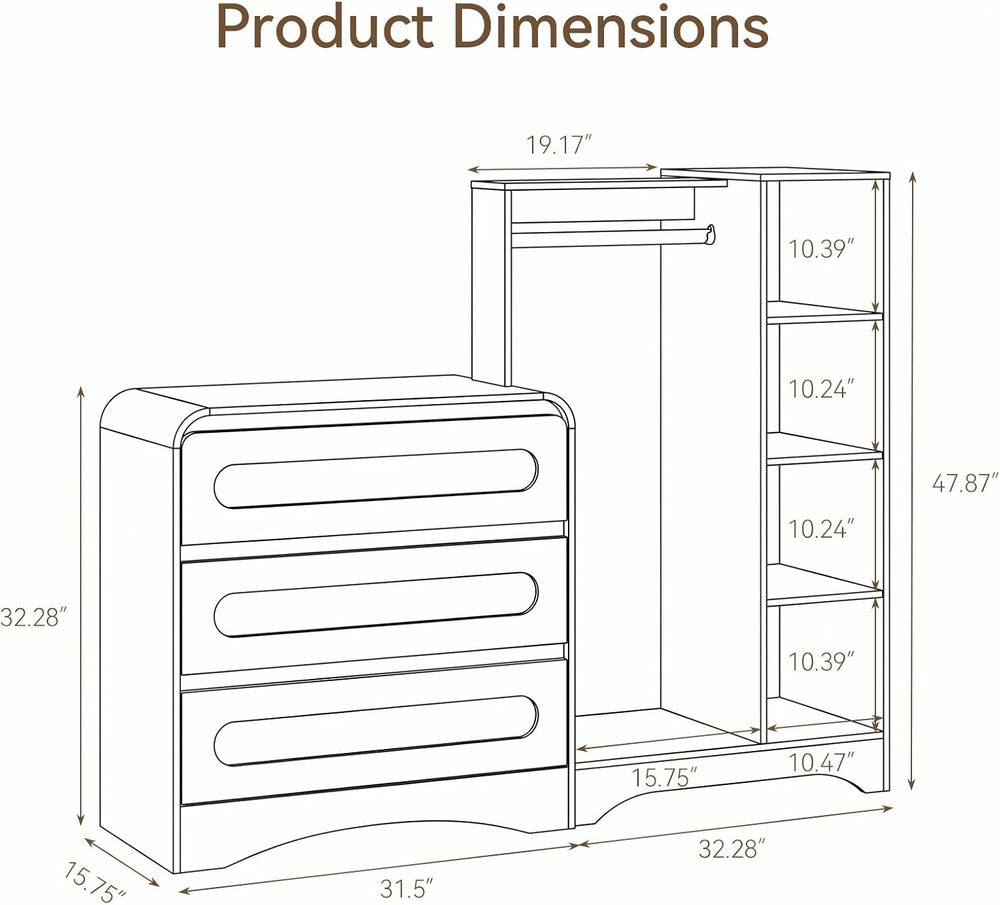 Dresser with Clothes Hanging Rack, Wardrobe Closet w/ 3 Drawers and Shelves