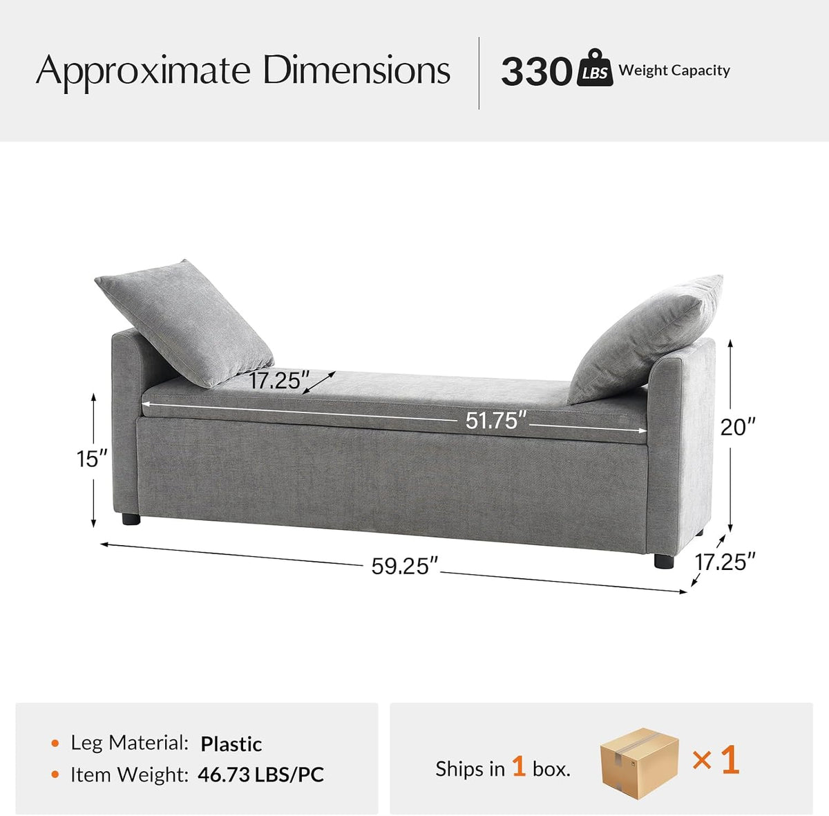 59.5" Modern Storage Ottoman Bedroom Bench, End of Bed Bench with Arms and Throw Pillows, Footrest Stool for Living, Dining Room, Entryway and Hallway, Grey