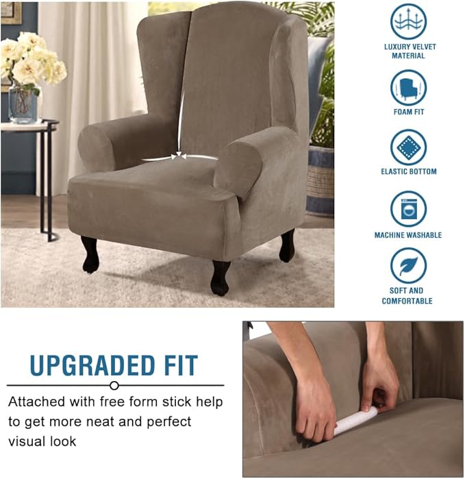 H.VERSAILTEX Wingback Chair Covers Velvet Plush Wing Chair Slipcover 1 Piece - Image 4