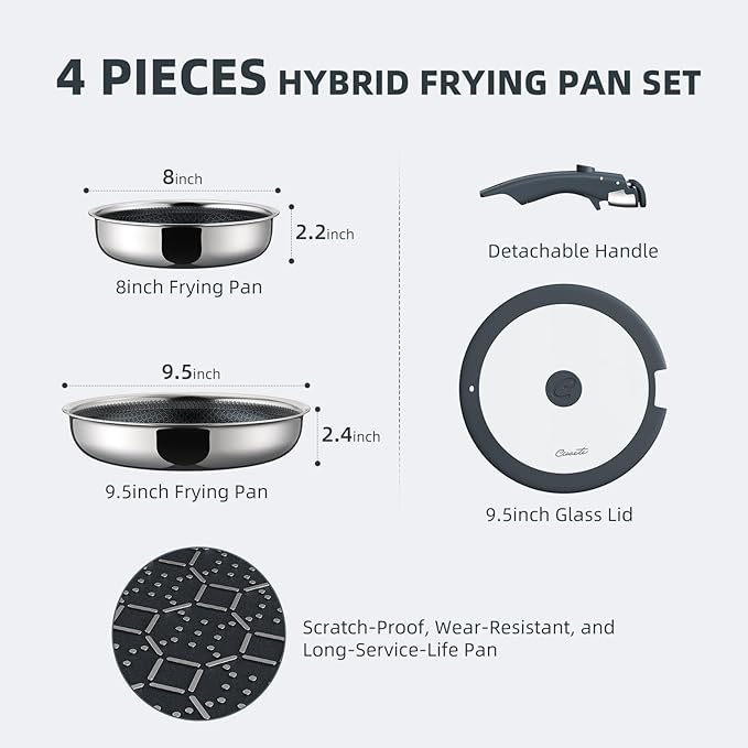Ciwete Hybrid Non Stick Frying Pans Set 4-Piece, 8 & 9.5 Inch Tri-Ply Stainless - Image 2