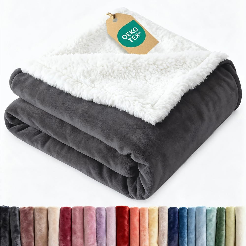 Sherpa Fleece Blanket Queen - Reversible Blanket - Dark Grey, 90" x 90&q...