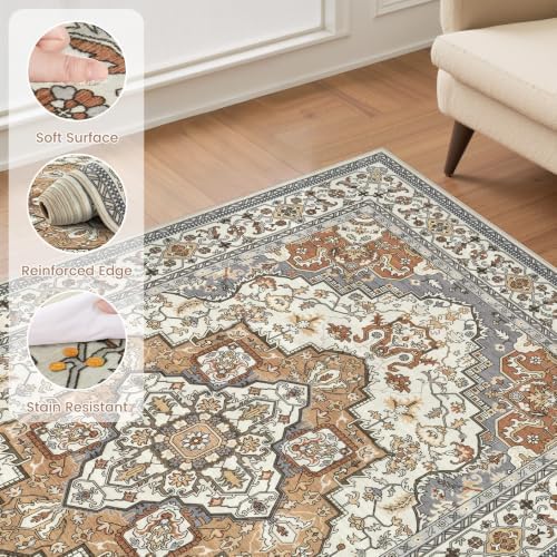 EIEIHOUSE 9x12 Area Rug Washable Vintage Rugs for Living Room Caramel Gray