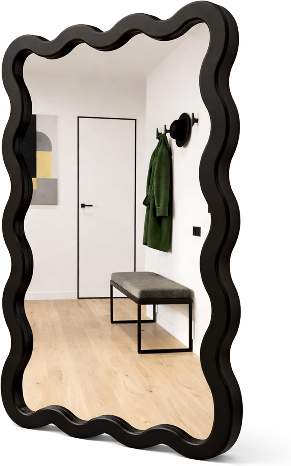 24x36 Black Wavy Bathroom Wall Mirror, Solid Wood Frame for Vanity