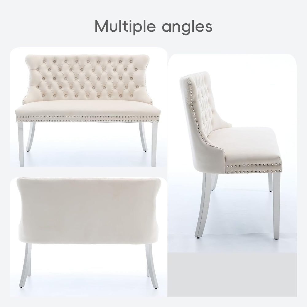 Beige Velvet Dining Bench, Tufted Upholstered Dining Loveseat