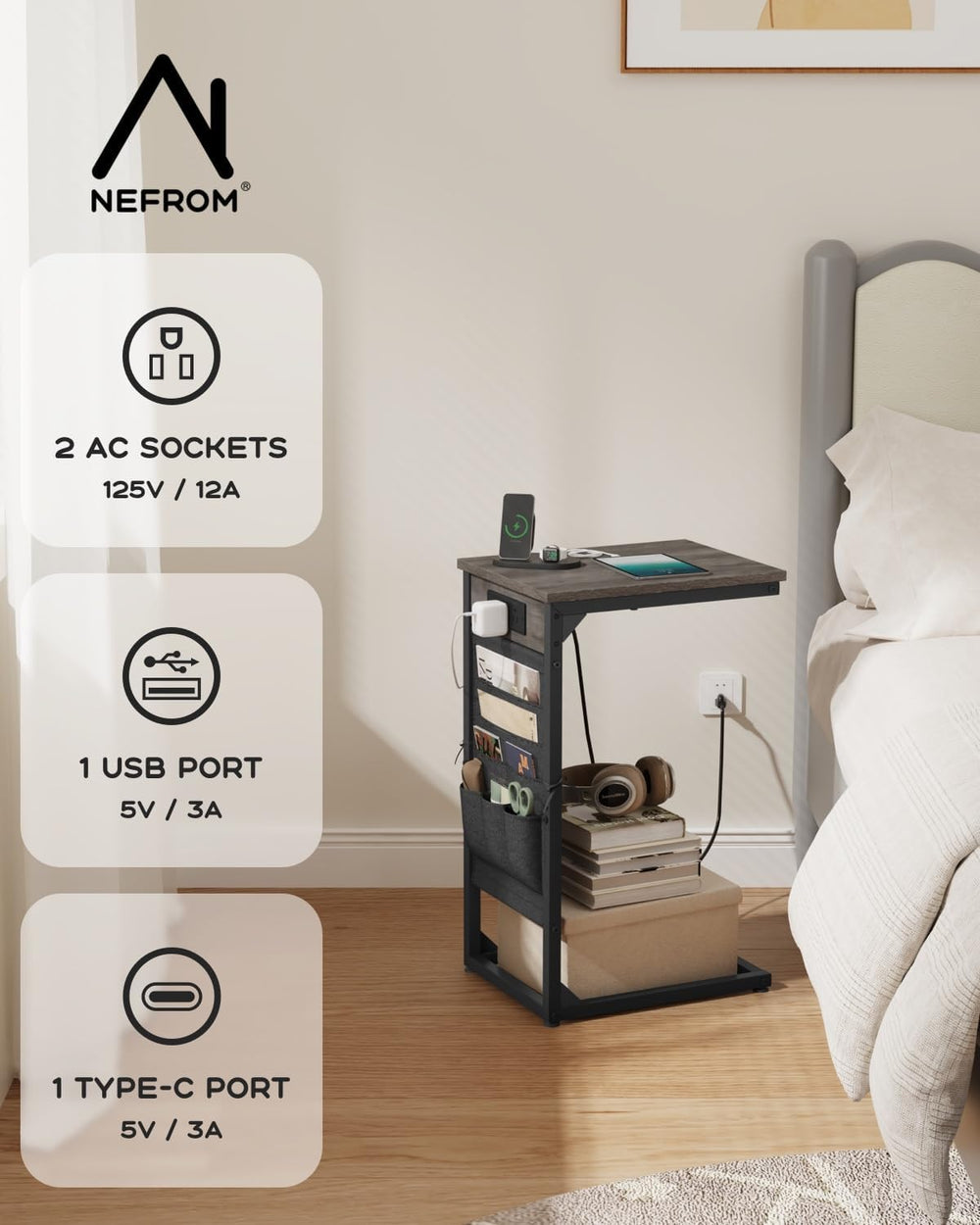 C-Shaped End Table with Fast-Charging Station, Small Couch Side Table with St...