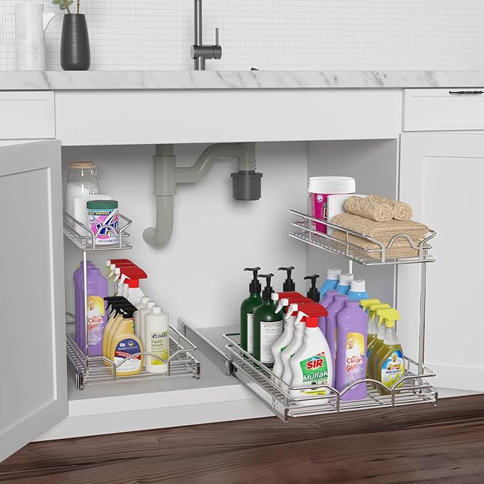 OCG Under Sink Cabinet Organizer Two Tier Pull Out Shelf, Under Sink Sliding - Image 7