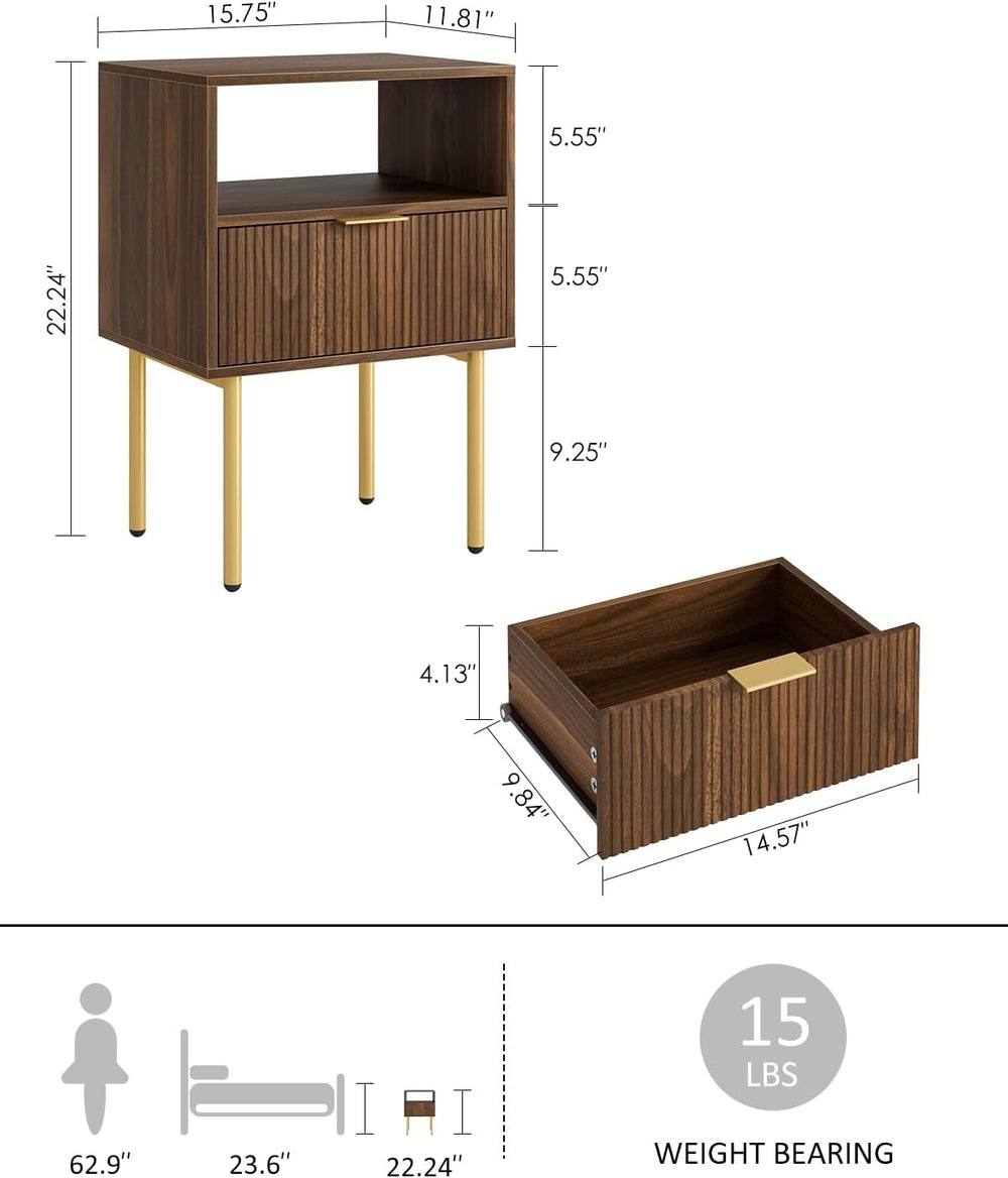 Nightstand,Small Bedside Table with Gold Frame,Walnut Night Stand,Bedside Fur...