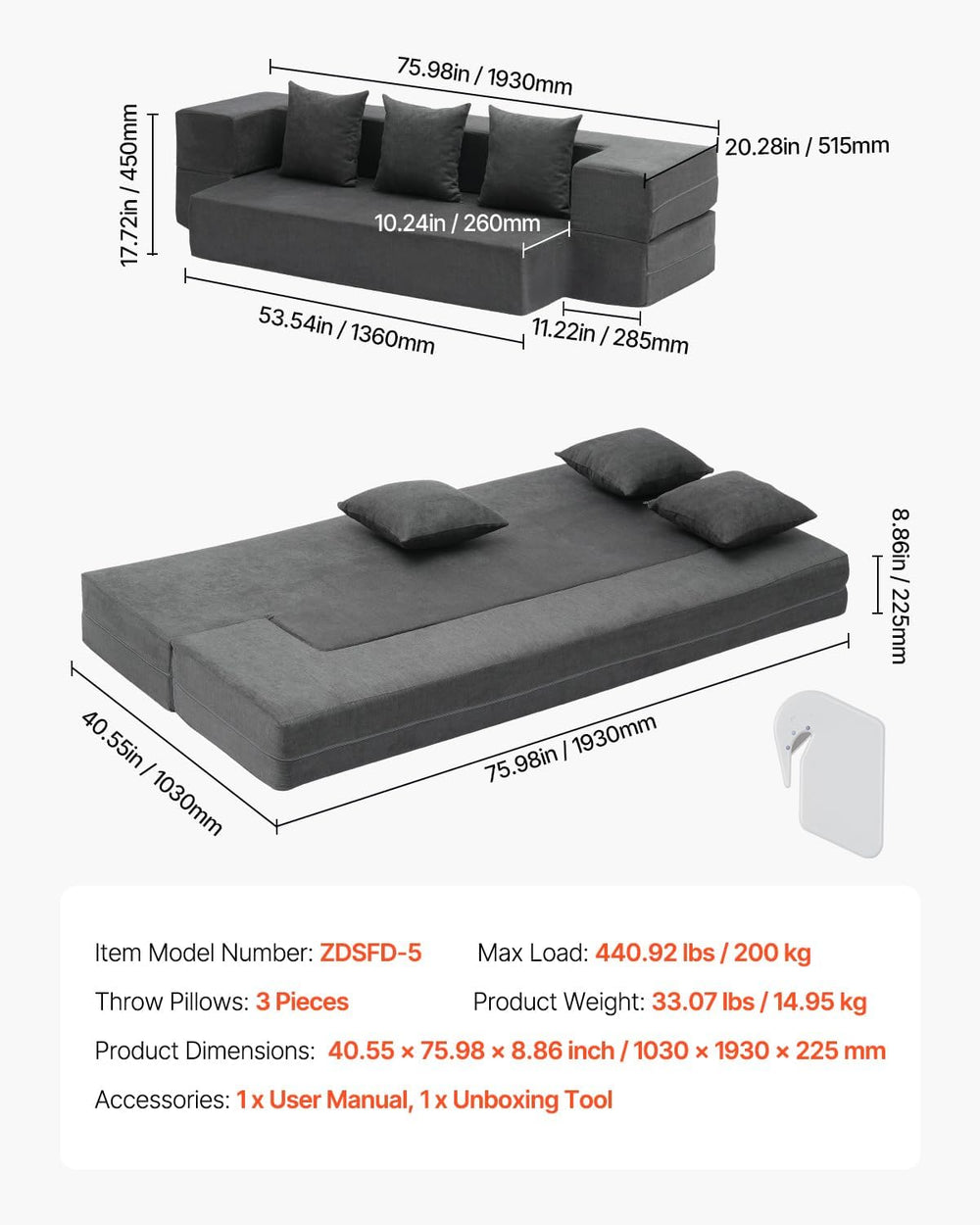 VEVOR Folding Sofa Bed, 3-in-1 Foldable Couch Bed with 3 Pillows and Washable...